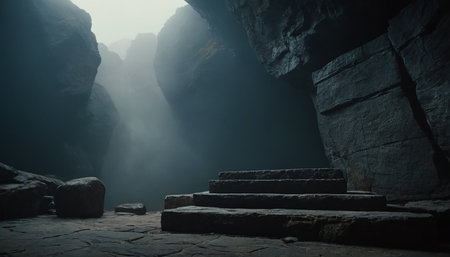 Stone stairs leading to the foggy cave. 3D rendering.の素材