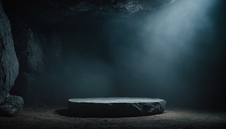 Empty podium in dark room with smoke and fog. 3d renderingの素材