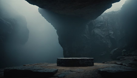 Mysterious dark cave with a stone pedestal. 3d renderの素材