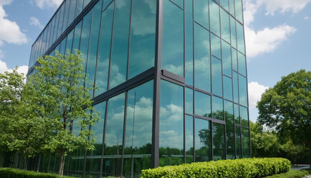 Modern office building with glass facade. Perspective view of modern office building.の素材