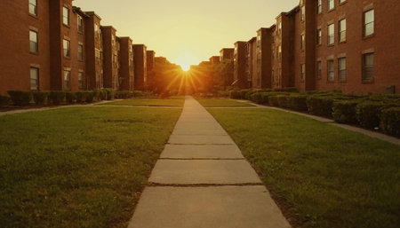 A row of old brick buildings with green grass and a pathway.の素材