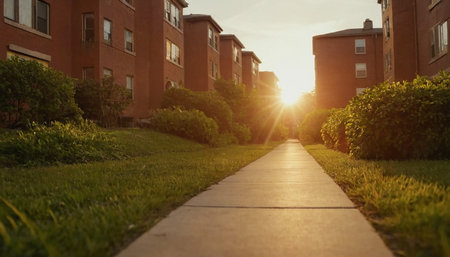 Sunset in the back yard of a residential building in the cityの素材