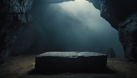 Empty stone platform in dark cave. 3d render. Halloween conceptの素材