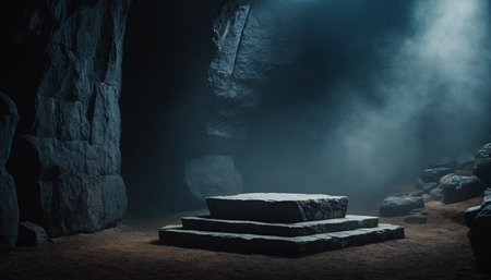 Mysterious dark cave with stone pedestal. 3D renderingの素材
