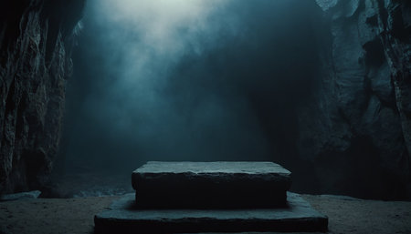 Empty stage in the cave. Dark background. 3d rendering.の素材