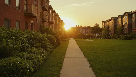 Sunset in a residential area with green grass and trees in the foregroundの素材