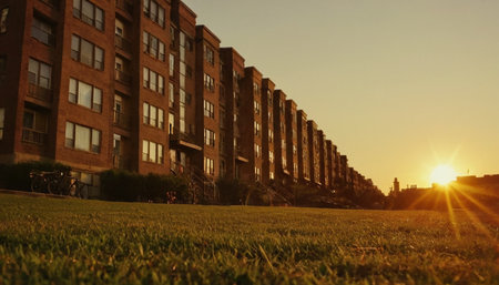 Sunset in the city with buildings in the foreground and green grassの素材