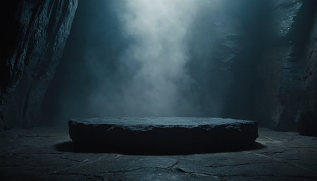 Empty stage in dark cave with smoke and fog. 3d renderingの素材