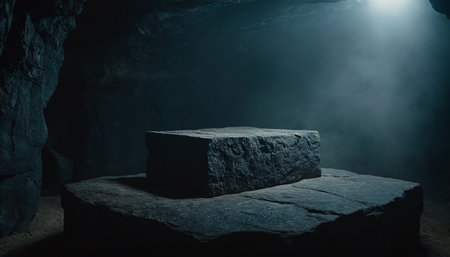 Stone podium in a dark cave. 3D render. Fantasy scene.の素材