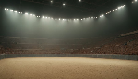 The empty arena with spotlights and floodlights. Horizontal.の素材