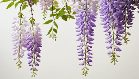 Purple wisteria flowers with green leaves on white background.の素材