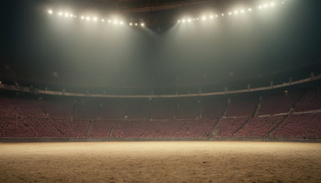 Spotlights on the empty arena before the match in the arena.の素材