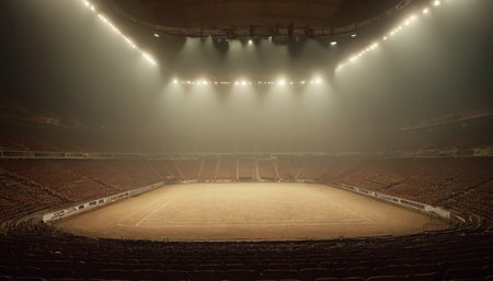 Empty soccer stadium with floodlights and seats ready for the match.の素材