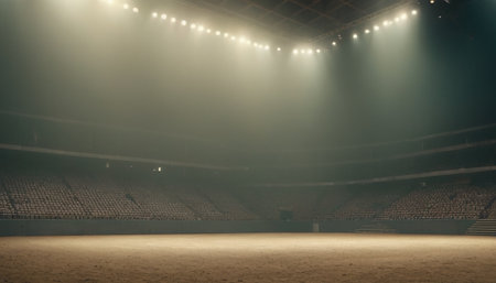 Interior of a sports arena with empty seats and floodlights.の素材