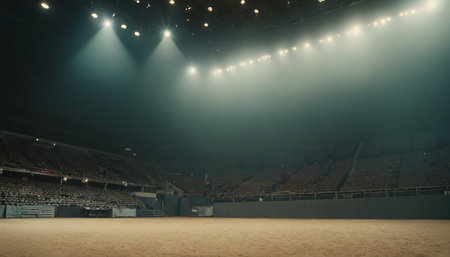 Empty arena for equestrian sport with floodlights and spotlightsの素材