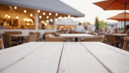Empty wooden table and blurred background of people in outdoor cafe restaurant.の素材