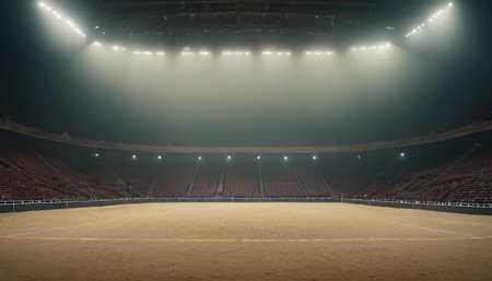 Empty stadium with lights and spotlights. Night scene of sports arenaの素材