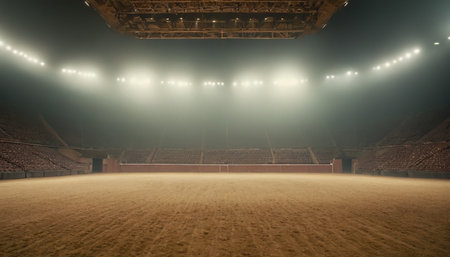 Football stadium with floodlights and empty seats. Motion blur effect.の素材