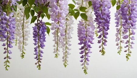 Purple and white wisteria flowers on a white background.の素材