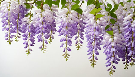 Purple wisteria flowers with green leaves on white background.の素材
