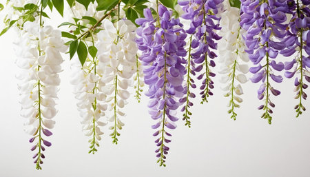 Wisteria flowers on white background with copy space for text.の素材