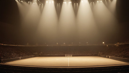 Empty sports arena with floodlights, spotlights and seats at nightの素材