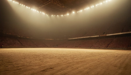 Empty arena with floodlights and spotlights at night, long exposureの素材