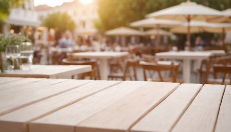 Empty wooden table and blurred background of outdoor cafe with bokehの素材