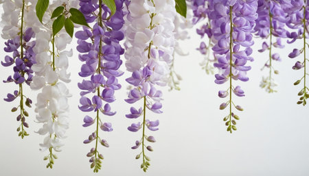 Purple and white wisteria flowers on a white background.の素材