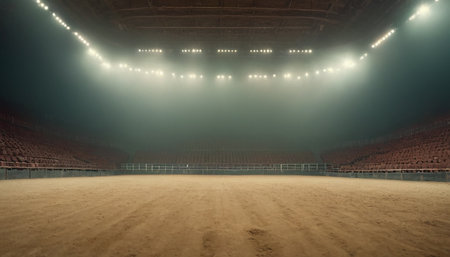 Interior of empty sports arena with floodlights and rows of seatsの素材