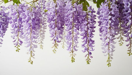 Wisteria flowers on white background with copy space for text.の素材