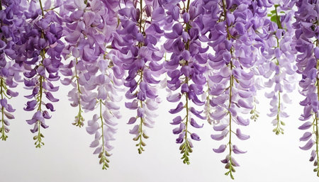 Purple wisteria flowers on white background, close-upの素材