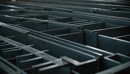 Metal sheet in warehouse, close-up. Metal sheet manufacturing factoryの素材