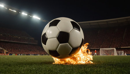 Soccer ball on fire in the stadium at night. 3d renderingの素材