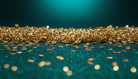 golden glitter on turquoise background, shallow depth of fieldの素材