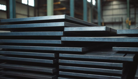 Metal profile profile in a warehouse, note shallow depth of field.の素材