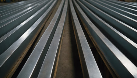 Stainless steel bars in the factory, shallow depth of fieldの素材