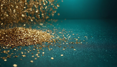 Golden glitter confetti on dark blue background. Golden sparkles.の素材