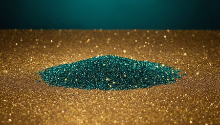 Pile of turquoise glitter sparkles on golden background.の素材