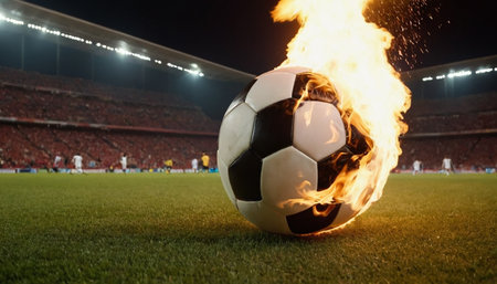 Soccer ball on the field with fire and smoke in the nightの素材