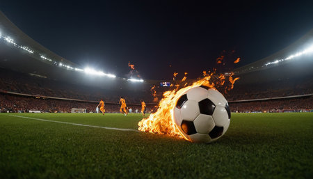 Burning soccer ball on the football field at night. 3d renderingの素材