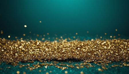 Golden glitter on a green background. 3d rendering, 3d illustration.の素材