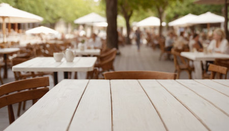 Empty wooden table and blurred background of outdoor cafe with people walking.の素材