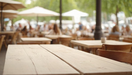 Empty wooden table and chairs in outdoor cafe or restaurant, shallow depth of fieldの素材