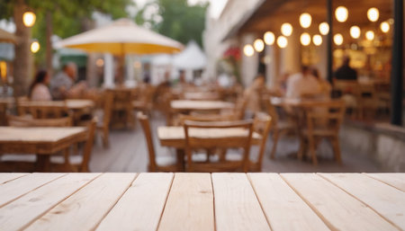 Empty wood table top and blurred background of outdoor cafe with bokeh image.の素材