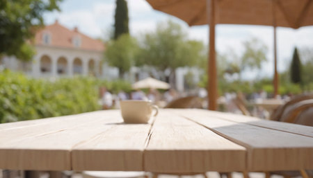 Empty wooden table and blurred background of outdoor cafe with bokehの素材