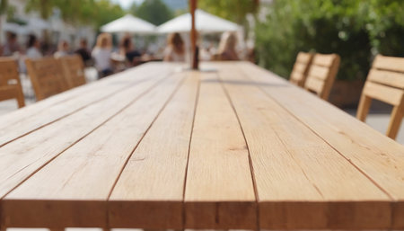 Empty wooden table in a cafe or restaurant. Blurred background.の素材