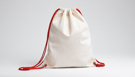 White bag with red handles on a white background. Side view.の素材