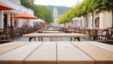 Empty wooden table and outdoor cafe with blurred background, product display montageの素材
