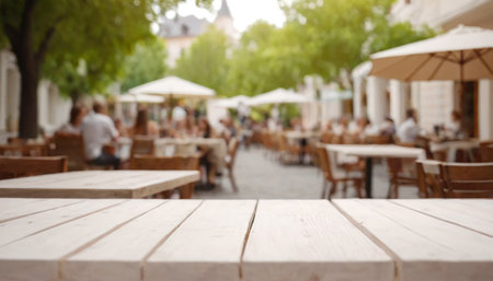 Empty wooden table and blurred background of outdoor cafe in Paris, Franceの素材